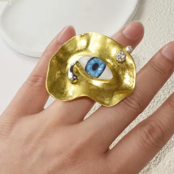 Anthropologie Jewelry - Surrealist Gold Eye Statement Artistic Blue Iris Design, Avant-Garde Ring
